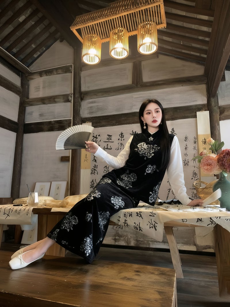 Yailla Versatile Chinese Style New Rich and Noble Light Luxury Embroidered Velvet Suit Pearl Decoration Retro Vest + Hip-Hugging Skirt Two-Piece Set for Women Niche Design Tang Coat Suit - Image 3